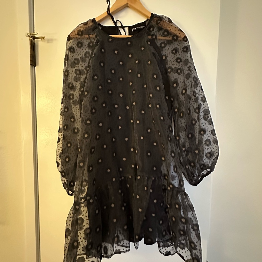 Zara Sheer Black Polka Dot Dress w/ Ruffle Dropwaist